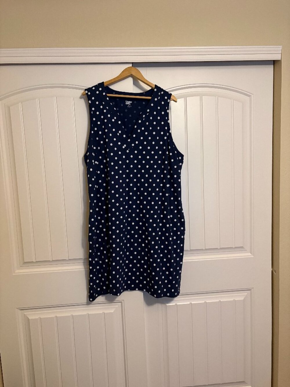 Lands' End Shift Dress 3X 24W-26W Navy Blue White Polka Dots Sleeveless Pockets